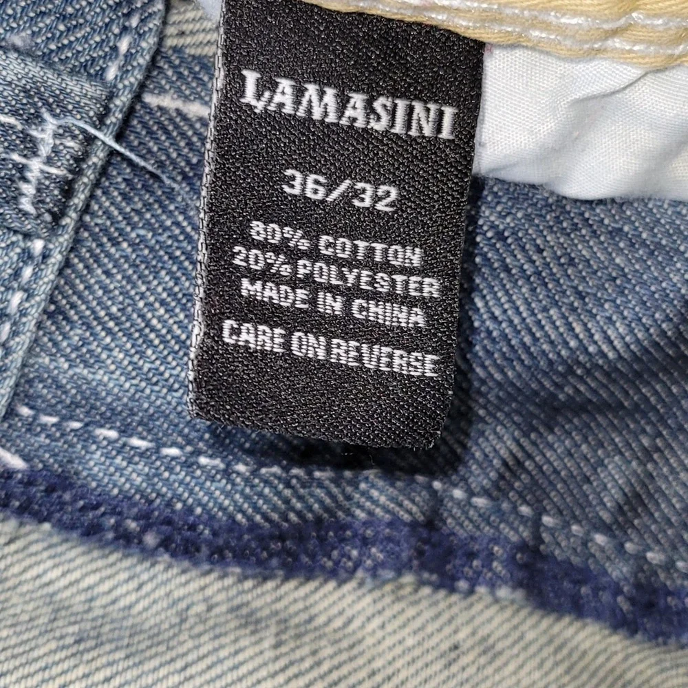 Lamasini Mens Straight Leg Jeans 36x32 Blue Denim Contrast Stitch Distressed